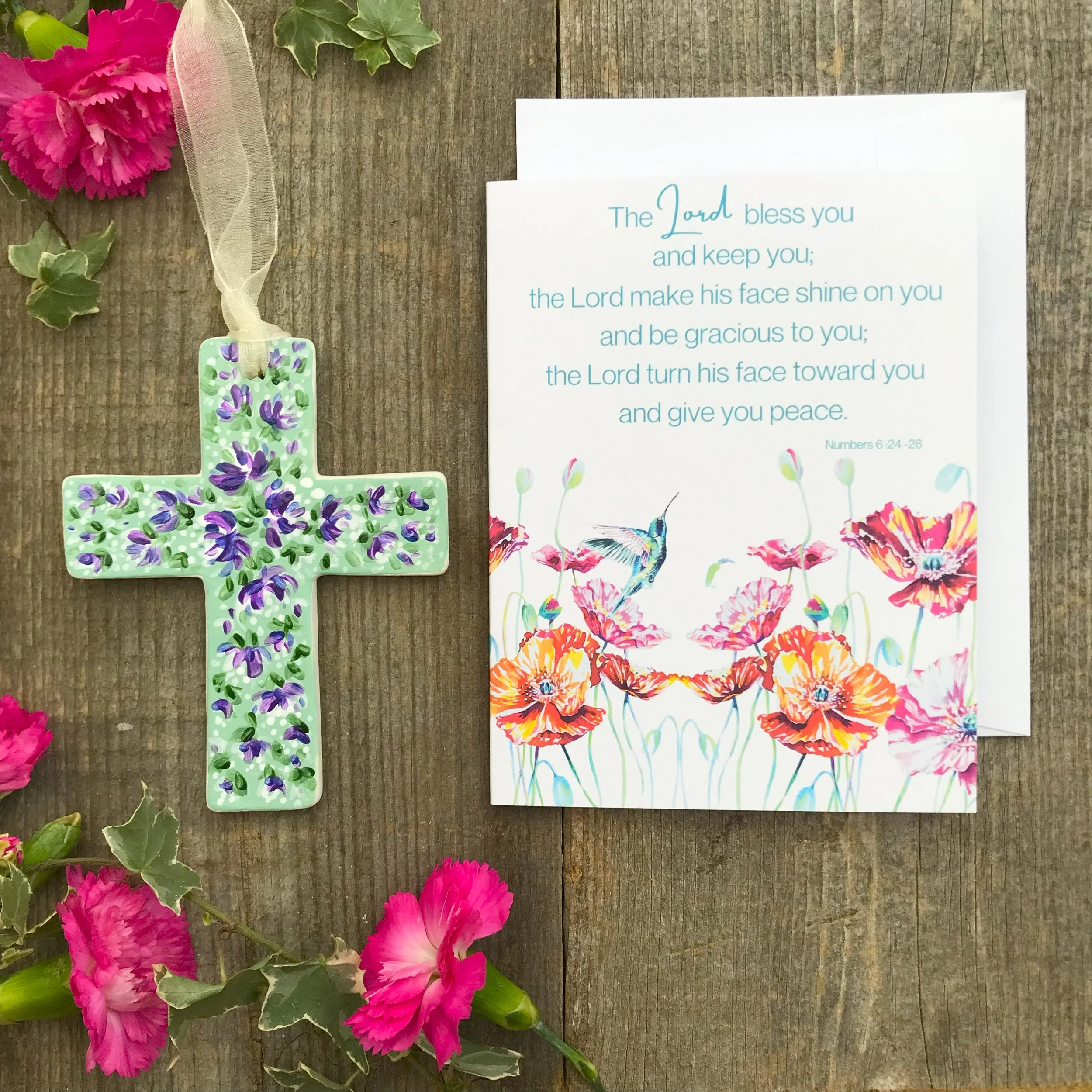 Hand painted Beautiful Vibrant Blooms on a ceramic cross as a